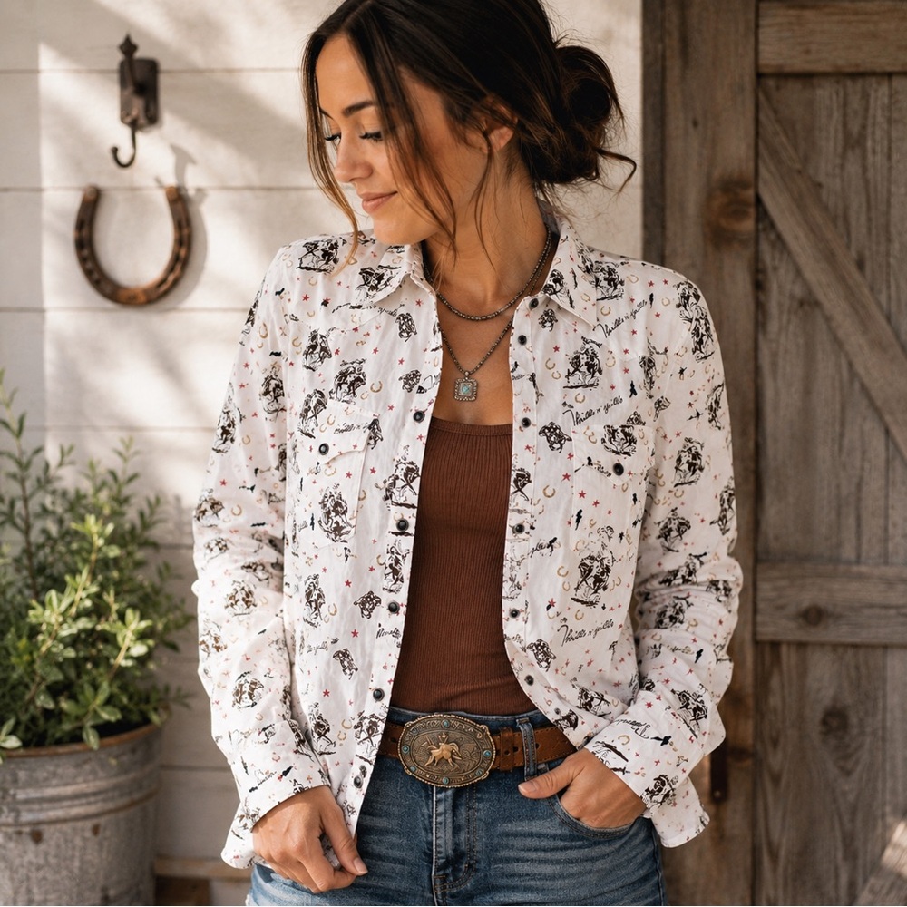 Ariat Womens Thrills N Spills Western Snap Shirt Large Horse Rodeo Cowgirl Print